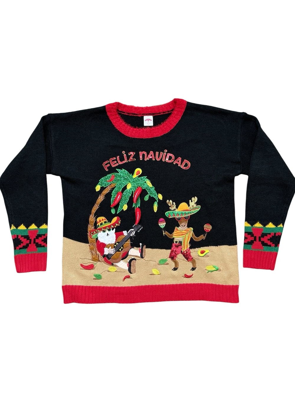 Ugly Christmas Sweater Feliz Navidad Santa Reindeer Palm Tree M Medium